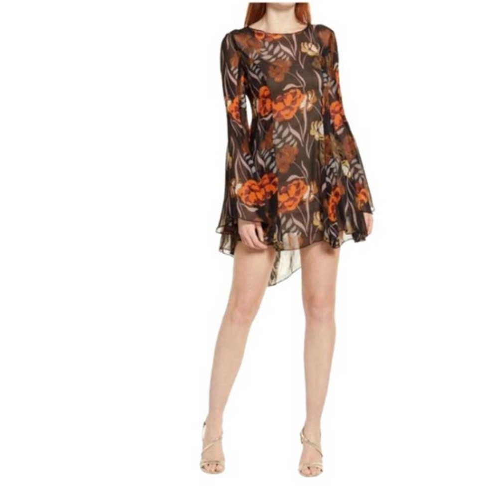 Katie May Long Bell Sleeve Black 70’s Floral Dress Sheer Slipparella Min…